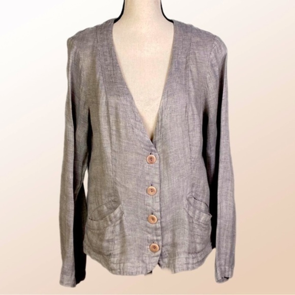 FLAX taupe 100% Linen Houndstooth lightweight jacket w/pockets. Size Small. EUC